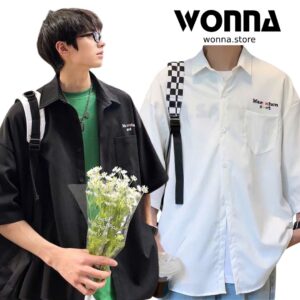 Áo Sơ Mi Tay Lỡ Unisex Phối Chữ 7 Màu Trắng Đen Cổ Thuyền Basic, Chất Lượng Tốt – Áo Sơ Mi Trơn Nam Nữ