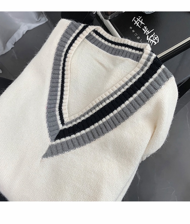 Áo gile len nam nữ trắng đen xám sọc viền Hàn Quốc unisex form rộng khoác ulzzang mới 2025 đồng phục PREPPY M15 - Hình ảnh 8