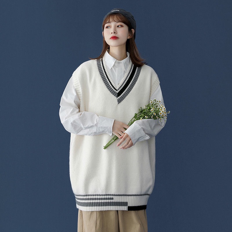 Áo gile len nam nữ trắng đen xám sọc viền Hàn Quốc unisex form rộng khoác ulzzang mới 2025 đồng phục PREPPY M15 - Hình ảnh 7