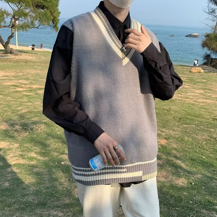 Áo gile len nam nữ trắng đen xám sọc viền Hàn Quốc unisex form rộng khoác ulzzang mới 2025 đồng phục PREPPY M15 - Hình ảnh 2