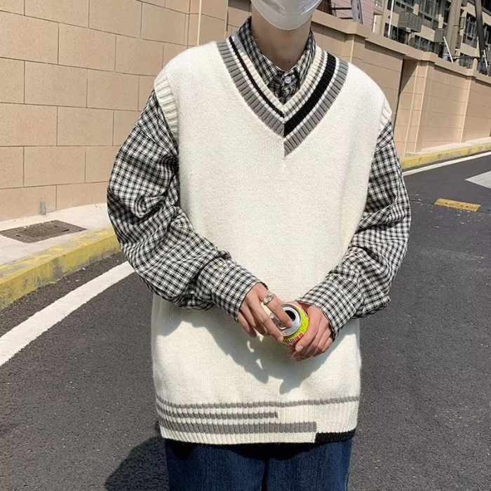 Áo gile len nam nữ trắng đen xám sọc viền Hàn Quốc unisex form rộng khoác ulzzang mới 2025 đồng phục PREPPY M15 - Hình ảnh 3