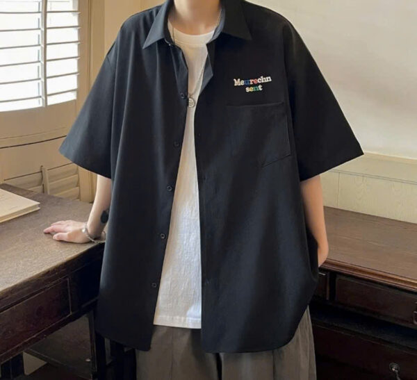 Áo Sơ Mi Tay Lỡ Unisex Phối Chữ 7 Màu Trắng Đen Cổ Thuyền Basic, Chất Lượng Tốt – Áo Sơ Mi Trơn Nam Nữ - Hình ảnh 4