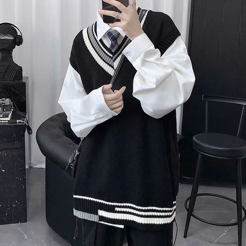 Áo gile len nam nữ trắng đen xám sọc viền Hàn Quốc unisex form rộng khoác ulzzang mới 2025 đồng phục PREPPY M15 - Hình ảnh 4